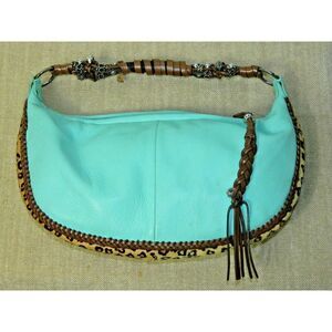 BEVERLY‎ FELDMAN Purse Turquoise Brown Animal Hair Leather Hobo Satchel Handbag